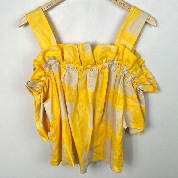 Anthropologie Whit Yellow Mariposa Top 100% Linen Size Large Gingham‎ Bohemian L - Picture 12 of 12